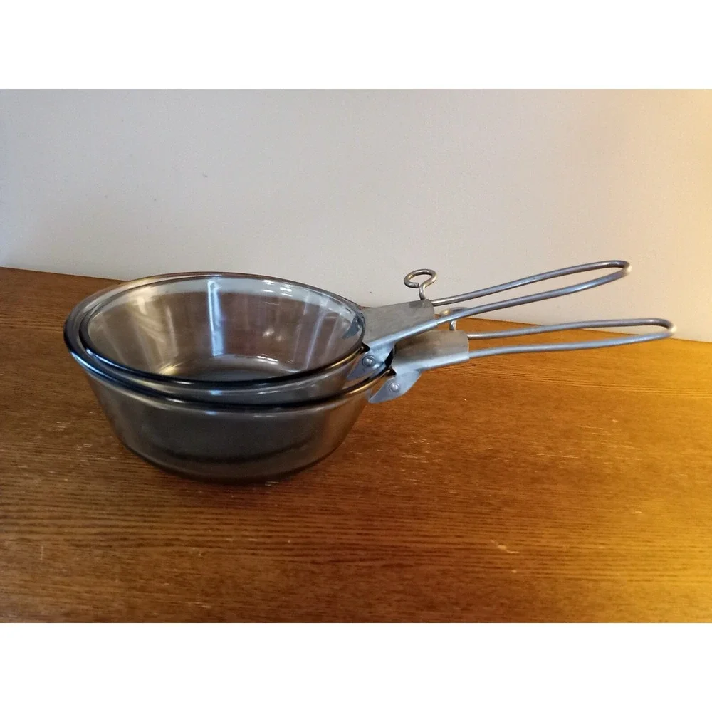Vtg Pyrex Flameware Clear Blue Cookware 4 Pc 833B 832B Saucepans & Metal Handles